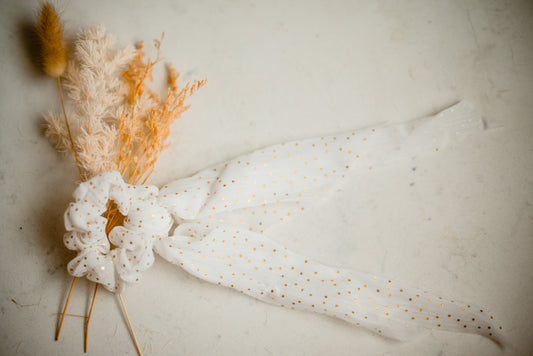 Scrunchie Scarf - White with Gold Dots